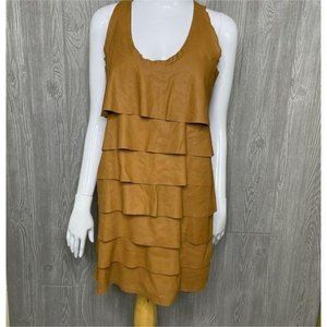 Zara women calfskin leather brown tiered ruffle midi sleeveless dress small
